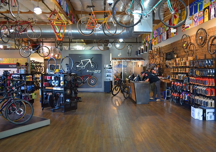 Bicycle shop interior with bikes on display
